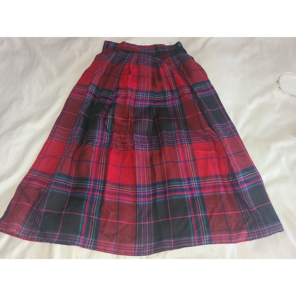 Vintage Woodward Shop Plaid Pleated Midi Skirt Size 10 Red Tartan Runs Small